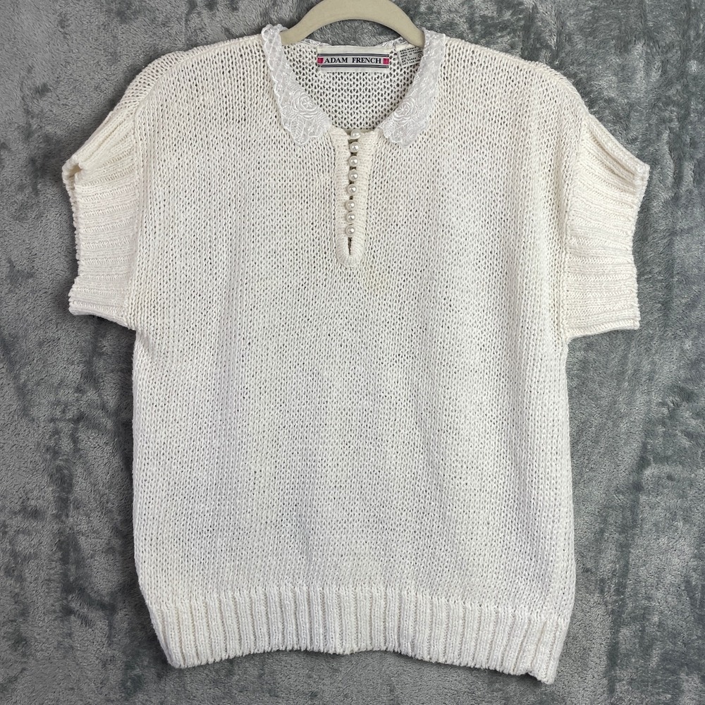 Vtg Adam French Knit Top Sweater Womens L Ivory Lace Collar Pearl Button Cottage